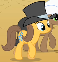 Size: 238x258 | Tagged: safe, screencap, character:toffee, species:earth pony, species:pony, episode:over a barrel, g4, my little pony: friendship is magic, black stone, clothing, cropped, female, hat, mare, raised hoof, smiling, solo focus, top hat, walking
