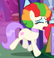 Size: 359x388 | Tagged: dead source, safe, screencap, character:apple bloom, character:vera, species:earth pony, species:pony, episode:the show stoppers, g4, my little pony: friendship is magic, afro, clown hair, crying, female, solo, vera's mane, wig