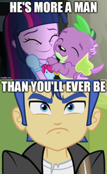 Size: 490x794 | Tagged: safe, screencap, character:flash sentry, character:spike, character:twilight sparkle, character:twilight sparkle (alicorn), species:alicorn, species:dog, ship:twispike, equestria girls:rainbow rocks, g4, my little pony:equestria girls, angry, female, hug, image macro, jealous, love triangle, male, meme, op is a duck, op is trying to start shit, shipping, snuggling, spike the dog, spikelove, straight, text