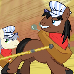 Size: 555x555 | Tagged: safe, screencap, character:john bull, character:promontory, species:earth pony, species:pony, episode:over a barrel, g4, my little pony: friendship is magic, background pony, bandana, blank flank, clothing, cropped, duo, hat, horse collar, looking back, male, speed lines, stallion