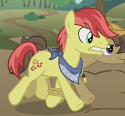 Size: 343x317 | Tagged: safe, screencap, character:happy trails, character:prairie tune, species:earth pony, species:pony, episode:apple family reunion, g4, my little pony: friendship is magic, apple family member, background pony, bandana, cropped, duo, male, running, seven-legged race, stallion