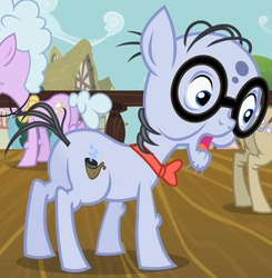 Size: 552x563 | Tagged: safe, screencap, character:chelsea porcelain, character:geri, character:mr. waddle, species:earth pony, species:pony, episode:the mysterious mare do well, g4, my little pony: friendship is magic, bow tie, cropped, elderly, glasses, liver spots, male, open mouth, solo focus, stallion