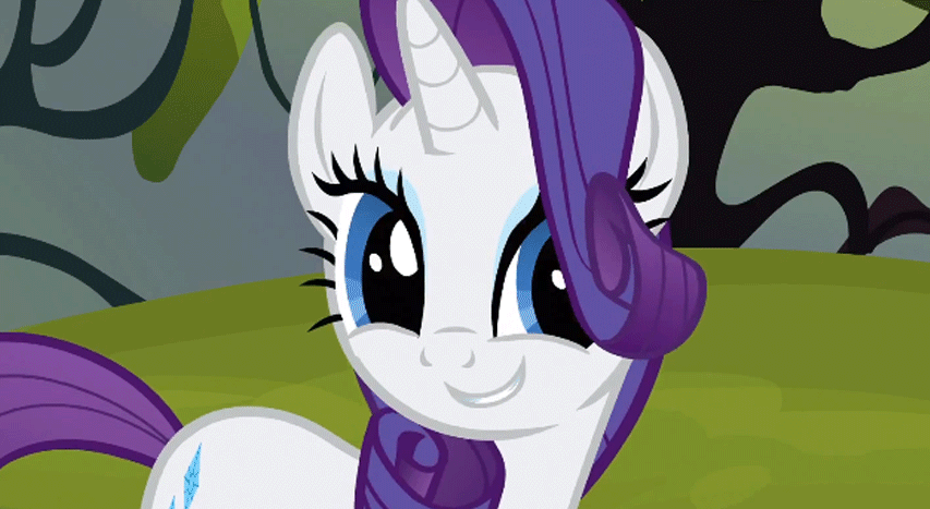 Size: 853x467 | Tagged: safe, screencap, character:rarity, species:pony, species:unicorn, episode:spike at your service, g4, my little pony: friendship is magic, animated, cute, faec, female, grin, hair over one eye, imma snuggle you, mare, raribetes, smiling, solo, vibrating