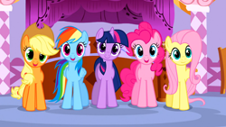 Size: 1366x768 | Tagged: safe, screencap, character:applejack, character:fluttershy, character:pinkie pie, character:rainbow dash, character:twilight sparkle, episode:suited for success, g4, my little pony: friendship is magic