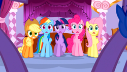 Size: 1366x768 | Tagged: safe, screencap, character:applejack, character:fluttershy, character:pinkie pie, character:rainbow dash, character:twilight sparkle, episode:suited for success, g4, my little pony: friendship is magic, shocked