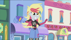 Size: 1360x768 | Tagged: safe, screencap, character:derpy hooves, episode:life is a runway, g4, my little pony:equestria girls, canterlot city, clothing, cute, denim skirt, derp, skirt, solo, zipper
