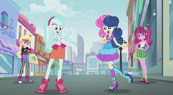 Size: 1263x696 | Tagged: safe, screencap, character:bon bon, character:cheerilee, character:derpy hooves, character:lyra heartstrings, character:sweetie drops, episode:life is a runway, g4, my little pony:equestria girls, alternate costumes, alternate hairstyle, canterlot city, female