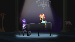 Size: 1258x698 | Tagged: safe, screencap, character:sunset shimmer, character:twilight sparkle, character:twilight sparkle (alicorn), species:alicorn, episode:friendship through the ages, g4, my little pony:equestria girls, piano