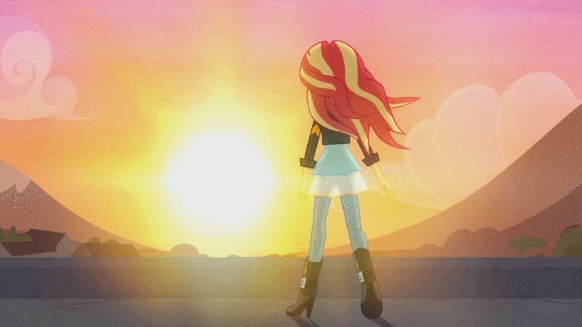 Size: 845x475 | Tagged: safe, screencap, character:sunset shimmer, episode:my past is not today, g4, my little pony:equestria girls, animated, badass, cloud, cloudy, crepuscular rays, mountain, parallax scrolling, solo, sunset