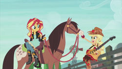 Size: 1920x1080 | Tagged: safe, screencap, character:applejack, character:sunset shimmer, episode:friendship through the ages, g4, my little pony:equestria girls, apple, country applejack, guitar, horse, sleeveless