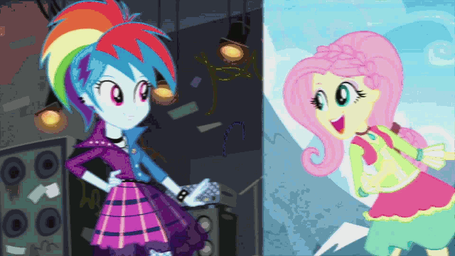 Size: 640x360 | Tagged: safe, screencap, character:applejack, character:fluttershy, character:pinkie pie, character:rainbow dash, character:rarity, character:sunset shimmer, character:twilight sparkle, episode:friendship through the ages, g4, my little pony:equestria girls, animated, bare shoulders, country applejack, folk fluttershy, humane seven, mane six, new wave pinkie, rainbow punk, record, sgt. rarity, sleeveless, strapless