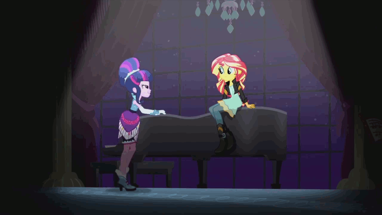 Size: 1280x720 | Tagged: safe, screencap, character:sunset shimmer, character:twilight sparkle, character:twilight sparkle (alicorn), species:alicorn, episode:friendship through the ages, g4, my little pony:equestria girls, alternate hairstyle, animated, beehive hairdo, piano, piano dress, shipping fuel