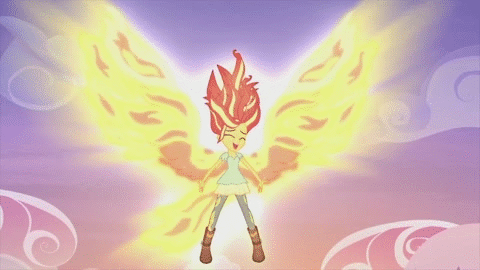 Size: 480x270 | Tagged: safe, screencap, character:sunset shimmer, episode:my past is not today, g4, my little pony:equestria girls, animated, fiery shimmer, fiery wings, happy, solo, sunset phoenix