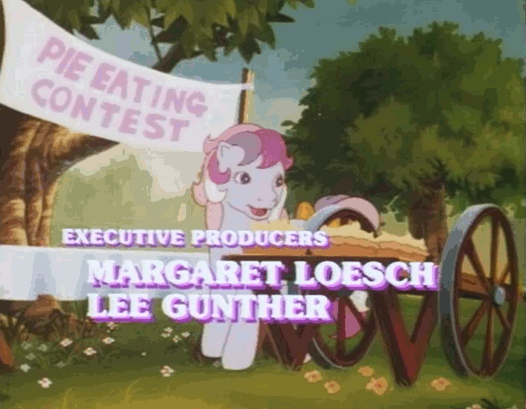 Size: 738x574 | Tagged: safe, screencap, character:sweet stuff, g1, my little pony: the movie (1986), animated, banner, butterfly, close-up, credits, dream valley, festival, licking, mouth hold, pie, table, text, tree