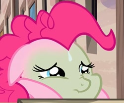 Size: 840x700 | Tagged: safe, screencap, character:pinkie pie, species:pony, episode:the cutie map, g4, my little pony: friendship is magic, chubby cheeks, cropped, faec, female, floppy ears, green face, mare, sick, solo, winnie the pink