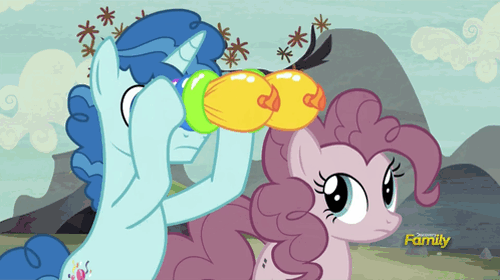 Size: 500x280 | Tagged: safe, screencap, character:party favor, character:pinkie pie, species:earth pony, species:pony, species:unicorn, episode:the cutie map, g4, my little pony: friendship is magic, animated, balloon, balloon binoculars, binoculars, discovery family, discovery family logo, duo, equal cutie mark, female, male, mare, stallion