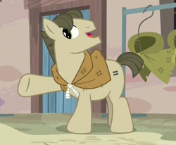 Size: 582x480 | Tagged: safe, screencap, species:earth pony, species:pony, episode:the cutie map, g4, my little pony: friendship is magic, background pony, cloak, clothing, equal cutie mark, male, solo, stallion, tailor made, vendor