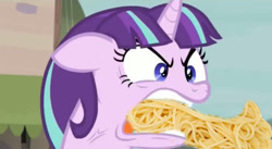 Size: 850x466 | Tagged: safe, screencap, character:starlight glimmer, episode:the cutie map, g4, my little pony: friendship is magic, arms are heavy, cross-popping veins, image macro, knees weak, meme, mom's spaghetti, palms are sweaty, ragelight glimmer, she's nervous, solo, spaghetti, there's vomit on her sweater already