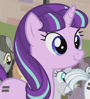 Size: 300x331 | Tagged: safe, screencap, character:double diamond, character:starlight glimmer, species:pony, species:unicorn, episode:the cutie map, g4, my little pony: friendship is magic, animated, cult, cute, equal cutie mark, female, glimmerbetes, head tilt, mare, outdoors, smiling, weapons-grade cute, when she smiles