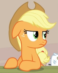 Size: 681x851 | Tagged: safe, screencap, character:applejack, character:sugar belle, episode:the cutie map, g4, my little pony: friendship is magic, applejack is not amused, reaction image, unamused