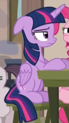 Size: 339x595 | Tagged: safe, screencap, character:pinkie pie, character:sugar belle, character:twilight sparkle, character:twilight sparkle (alicorn), species:alicorn, species:pony, episode:the cutie map, g4, my little pony: friendship is magic, female, floppy ears, frown, mare, reaction image, sitting, solo, stool, table, twilight is not amused, unamused