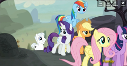 Size: 1015x528 | Tagged: safe, screencap, character:applejack, character:double diamond, character:fluttershy, character:pinkie pie, character:rainbow dash, character:rarity, character:twilight sparkle, character:twilight sparkle (alicorn), species:alicorn, species:pony, episode:the cutie map, g4, my little pony: friendship is magic, animation error, female, mare, nightmare fuel
