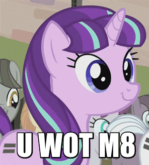 Size: 300x331 | Tagged: safe, screencap, character:double diamond, character:starlight glimmer, species:pony, species:unicorn, episode:the cutie map, g4, my little pony: friendship is magic, animated, blinking, cute, female, glimmerbetes, image macro, mare, meme, meta, reaction image, solo focus, u wot m8