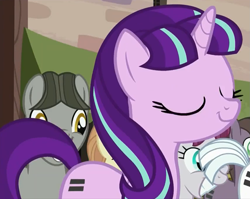 Size: 1281x1021 | Tagged: safe, screencap, character:double diamond, character:starlight glimmer, species:pony, species:unicorn, episode:the cutie map, g4, my little pony: friendship is magic, cute, equal cutie mark, eyes closed, female, glimmerbetes, mare, s5 starlight, smiling, solo, when she smiles