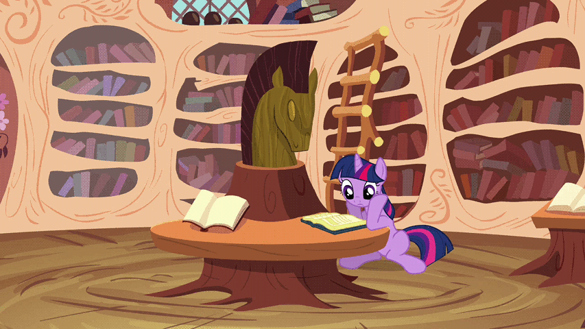 Size: 853x480 | Tagged: safe, screencap, character:twilight sparkle, character:twilight sparkle (unicorn), species:pony, species:unicorn, episode:a friend in deed, g4, my little pony: friendship is magic, animated, blinking, book, female, gif, golden oaks library, horsehead centerpiece, library, mare, reading, solo