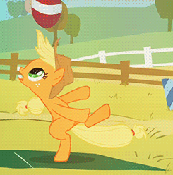 Size: 245x248 | Tagged: safe, screencap, character:applejack, episode:fall weather friends, g4, my little pony: friendship is magic, animated, ball, bipedal, cropped