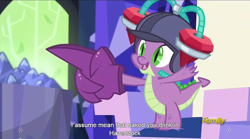 Size: 1278x712 | Tagged: safe, screencap, character:spike, episode:the cutie map, g4, my little pony: friendship is magic, clothing, cutie map, drinking hat, gem helmet, hat, helmet, meme, youtube caption