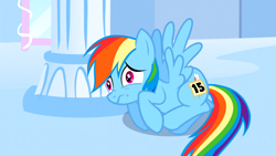Size: 1366x768 | Tagged: safe, screencap, character:rainbow dash, episode:sonic rainboom, g4, my little pony: friendship is magic, 15, fetal position, scaredy dash, solo