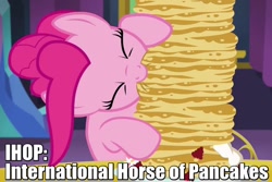 Size: 750x500 | Tagged: safe, screencap, character:pinkie pie, episode:castle sweet castle, g4, my little pony: friendship is magic, caption, eating, eyes closed, image macro, nom, pancakes, pun, solo