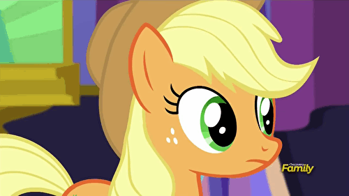 Size: 500x281 | Tagged: safe, screencap, character:applejack, species:earth pony, species:pony, episode:castle sweet castle, g4, my little pony: friendship is magic, animated, aside glance, discovery family, discovery family logo, lidded eyes, looking at you, solo, unconvinced applejack
