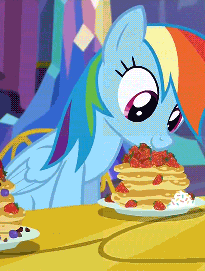 Size: 408x540 | Tagged: safe, screencap, character:rainbow dash, episode:castle sweet castle, g4, my little pony: friendship is magic, animated, animation error, chewing, cute, dashabetes, eating, nom, pancakes, strawberry