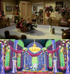 Size: 1680x1774 | Tagged: safe, artist:rainbowraindashdash, screencap, species:dog, episode:castle sweet castle, g4, my little pony: friendship is magic, a matter of loaf and death, banner, chair, chandelier, cupcake, dining room, discovery family logo, door, doorway, flower, gromit, inside, pedestal, solo, statue, surprised, table, teapot, twilight's castle, vase, wallace and gromit, window