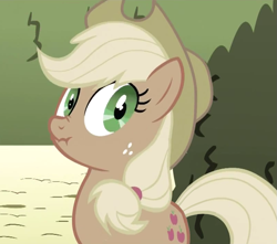 Size: 803x711 | Tagged: safe, screencap, character:applejack, species:earth pony, species:pony, episode:the return of harmony, g4, my little pony: friendship is magic, clothing, discorded, female, freckles, hat, liar face, liarjack, looking at you, mare, nose wrinkle, scrunchy face, solo