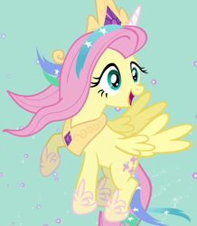 Size: 540x620 | Tagged: safe, screencap, character:fluttershy, character:princess celestia, species:pegasus, species:pony, episode:testing testing 1-2-3, g4, my little pony: friendship is magic, celestia costume, celestia's crown, clothing, cosplay, costume, cropped, crown, fake horn, female, flying, jewelry, mare, peytral, regalia, shylestia, solo