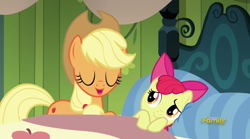 Size: 1260x702 | Tagged: safe, screencap, character:apple bloom, character:applejack, episode:bloom and gloom, g4, my little pony: friendship is magic, bed, discovery family, discovery family logo