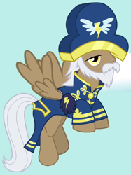 Size: 470x628 | Tagged: safe, screencap, species:pegasus, species:pony, episode:testing testing 1-2-3, g4, my little pony: friendship is magic, admiral fairweather, ancient wonderbolts uniform, background pony, beard, bicorne, clothing, costume, cropped, elderly, facial hair, flying, hat, male, moustache, stallion, uniform, unnamed pony