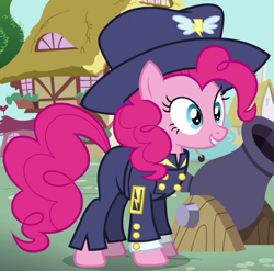 Size: 474x468 | Tagged: safe, screencap, character:pinkie pie, species:earth pony, species:pony, episode:testing testing 1-2-3, g4, my little pony: friendship is magic, ancient wonderbolts uniform, cannon, clothing, costume, cropped, female, general firefly, hat, mare, outfit catalog, smiling, solo, uniform