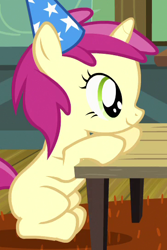 Size: 366x548 | Tagged: safe, screencap, character:cerise bud, species:pony, species:unicorn, episode:pinkie pride, g4, my little pony: friendship is magic, background pony, blank flank, cerisebetes, cropped, female, filly, foal, rose petal, sitting, solo, the super duper party pony