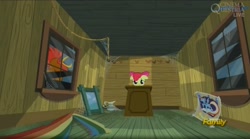 Size: 1663x924 | Tagged: safe, screencap, character:apple bloom, species:rooster, episode:bloom and gloom, g4, my little pony: friendship is magic, abandoned, clubhouse, crusaders clubhouse, discovery family logo, floppy ears, frown, giant cock, rainbow dash poster, scared, solo, spider web