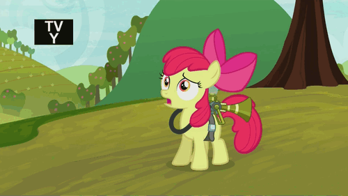 Size: 500x281 | Tagged: safe, screencap, character:apple bloom, episode:bloom and gloom, g4, my little pony: friendship is magic, animated, catapult nightmare, discovery family, discovery family logo, pest control gear, shock, solo, twitbuster apple bloom, twittermite