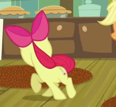 Size: 386x357 | Tagged: safe, screencap, character:apple bloom, character:applejack, episode:bloom and gloom, g4, my little pony: friendship is magic, adorabloom, animated, behaving like a dog, chasing own tail, cuddly, cute, cuteness overload, cutest pony alive, cutest pony ever, dawwww, good trick, hnnng, spinning, weapons-grade cute, you spin me right round