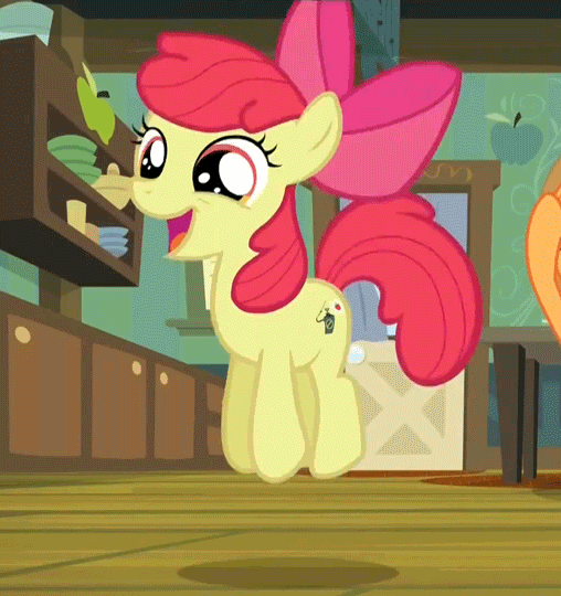Size: 508x540 | Tagged: safe, screencap, character:apple bloom, character:applejack, species:earth pony, species:pony, episode:bloom and gloom, g4, my little pony: friendship is magic, adorabloom, animated, cute, female, filly, happy, jumping, loop, mare, open mouth, pronking, smiling, solo focus