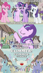 Size: 1280x2160 | Tagged: safe, screencap, character:offbeat, character:pinkie pie, character:rarity, character:starlight glimmer, character:twilight sparkle, character:twilight sparkle (alicorn), species:alicorn, species:pony, episode:the cutie map, g4, my little pony: friendship is magic, background pony, banner, equal cutie mark, equal town banner, female, hammer, in our town, marching, mare, parody, pink floyd, propaganda, s5 starlight, smiling, song reference, the wall, waiting for the worms