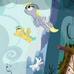Size: 540x540 | Tagged: safe, screencap, character:derpy hooves, character:sunshower raindrops, character:white lightning, species:pegasus, species:pony, episode:bloom and gloom, g4, my little pony: friendship is magic, female, flying, mare, sad, underp