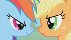 Size: 1280x720 | Tagged: safe, screencap, character:applejack, character:rainbow dash, episode:fall weather friends, g4, my little pony: friendship is magic, eye, eyes, grin, smiling