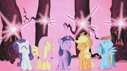 Size: 1280x720 | Tagged: safe, screencap, character:applejack, character:fluttershy, character:rainbow dash, character:rarity, character:twilight sparkle, episode:friendship is magic, g4, my little pony: friendship is magic, everfree forest, laughter song, tree